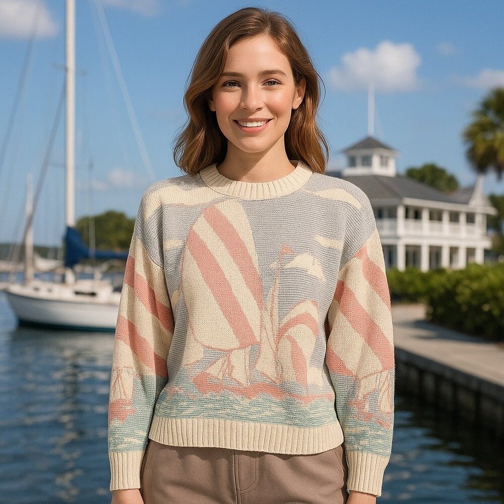 Vintage Crossings Women Nautical Sweater Size S 80s 90s Sailboat Knit Coastal
